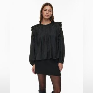 Wilfred Bernardin Blouse Relaxed Satin Long sleeve Ruffles Black Size Small NWT‎